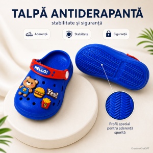 Saboți Copii Tip Crocs din Spumă EVA cu Ursuleț 3D și Accesorii Decorative, Baretă Reglabilă, Talpă Antiderapantă, Albastru - Img 7