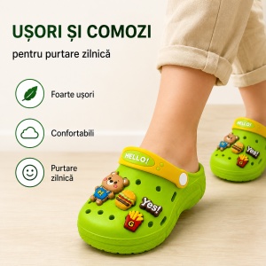 Saboți Copii Tip Crocs din Spumă EVA cu Ursuleț 3D și Accesorii Decorative, Baretă Reglabilă, Talpă Antiderapantă, Verde - Img 8