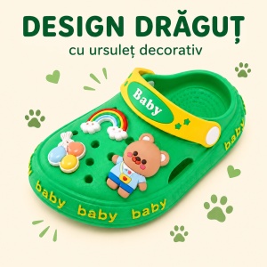 Saboți Copii Tip Crocs din Spumă EVA cu Ursuleț 3D și Curcubeu Decorativ, Baretă Reglabilă, Talpă Antiderapantă, Verde - Img 9