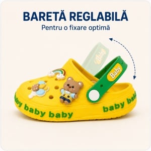 Saboți Copii Tip Crocs din Spumă EVA cu Ursuleț 3D și Curcubeu Decorativ, Baretă Reglabilă, Talpă Antiderapantă, Galben - Img 3