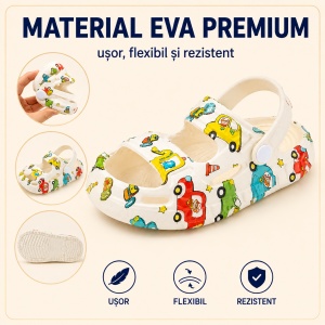 Saboți Copii Tip Crocs din Spumă, Model Decupat cu Mașinuțe Colorate, Baretă Reglabilă, Alb - Img 4