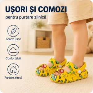 Saboți Copii Tip Crocs din Spumă, Model Decupat cu Mașinuțe Colorate, Baretă Reglabilă, Galben - Img 7