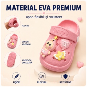 Saboți Copii Tip Crocs ,Spuma cu Personaj 3D, Balon și Stea Decorativa, Baretă Reglabilă, Talpă Antiderapantă, Roz - Img 6