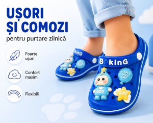 Saboți Copii Tip Crocs,Spuma cu Personaj 3D, Balon și Stea Decorativa, Baretă Reglabilă, Talpă Antiderapantă,Albastru - Img 6
