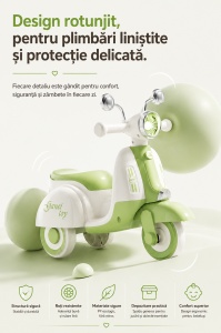 Scooter Verde pentru Copii cu 3 Roți, Far LED, Direcție 135° și Compartiment Depozitare – Ride-On pentru Copii 1-6 Ani - Img 4