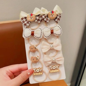 Set Elastice de Par pentru Fetite, 5 Modele, Toy Story, Fundite si Ursuleti, Crem
