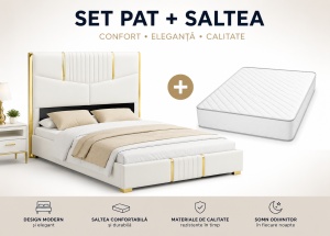 SET Pat Tapitat Catifea, Somiera Inclusa, Alb 160 x 200 cm + Saltea Lux Ortopedica, Arcuri Bonnell si Spuma Poliuretanica 160 x 200 cm