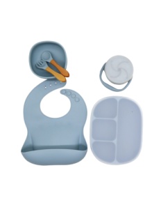 Set pentru Diversificare Bebe, Silicon, Dusty Blue, 6 Piese