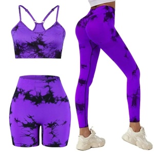Set pentru Sala Purple/Black 3 piese, Pantalon Scurt, Colant si Bustiera, Model Tie-Dye
