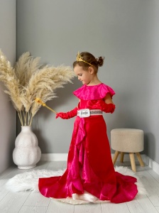 Set Rochie Carnaval Pentru Fetite si Accesorii, 7 Piese, Tesatura Fina, Rosu cu Sclipici Auriu