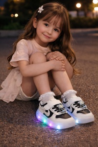 Sneakers Sport Copii Negru-Alb cu LED, Talpă Flexibilă și Accesoriu Ursuleț - Img 2