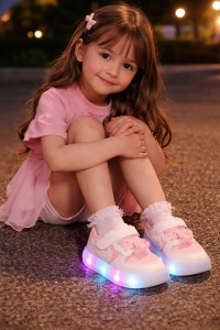 Sneakers Sport Copii Roz-Alb cu LED, Talpă Flexibilă și Accesoriu Ursuleț - Img 2