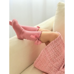 Sosete Lungi Pentru Fete, cu Fundite, Bumbac, Model Inalt, Marimi Diferite, Roz 040