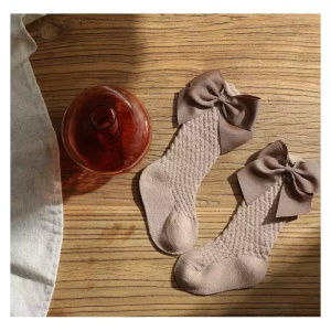 Sosete Lungi pentru Fete, cu Fundite din Saten, Bumbac, Crem, Marime 25 - Img 2