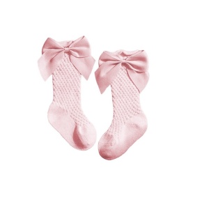 Sosete Lungi pentru Fete, cu Fundite din Saten, Bumbac, Roz, Marime 25
