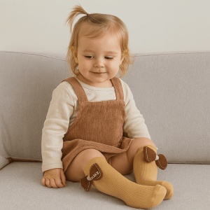 Sosete pentru Copii, Mustar, Model cu Funda Mare Maro, Bumbac, 2-5 ani