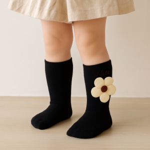Sosete pentru Copii, Negre, Model cu Floare Crem, Bumbac, 2-5 ani