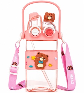 Sticla de Apa 2 in 1, cu Pai, Bareta si Maner, Peach, Plastic, 450 ml