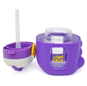 Sticla de Apa pentru Copii, model Dinozaur, cu Bareta si Pai, Mov, 500 ml - Img 3