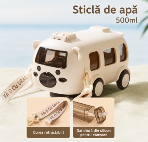 Sticla pentru Apa cu Pai, model Autobuz Ursulet, Plastic, Alb, 500 ml - Img 2