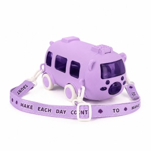 Sticla pentru Apa cu Pai, model Autobuz Ursulet, Plastic, Mov, 500 ml