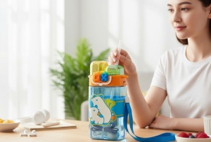 Termos pentru copii 2 in 1, cu Bareta, Plastic, Bleu, 580 ml - Img 3