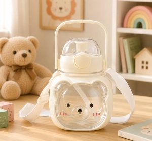 Termos Pentru Copii, cu Pai, Bareta si Maner, Model Urs, Alb, Plastic, 500ml