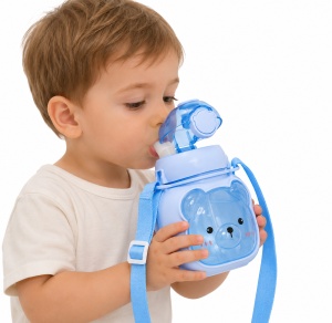 Termos Pentru Copii, cu Pai, Bareta si Maner, Model Urs, Bleu, Plastic, 500ml - Img 5