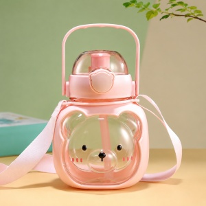 Termos Pentru Copii, cu Pai, Bareta si Maner, Model Urs, Peach, Plastic, 500ml - Img 3