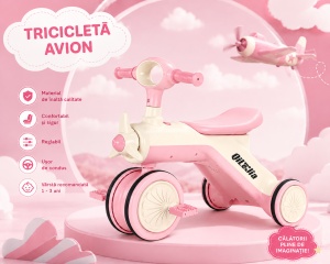 Tricicletă de Echilibru Roz-Alb cu Design Avion, pentru Copii 1-3 Ani - Img 3