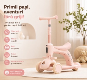 Trotinetă 3 în 1 pentru Copii 1-12 Ani cu Ghidon Reglabil, Ride-On și Bicicletă de Echilibru, Alb-Roz - Img 3