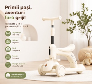 Trotinetă 3 în 1 pentru Copii 1-12 Ani cu Ghidon Reglabil, Ride-On și Bicicletă de Echilibru, Alb-Crem - Img 4