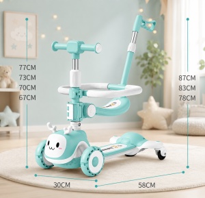 Trotinetă Copii 3 în 1, Turcoaz, Roti cu Lumini LED, Șezut și Mâner Reglabil, Model Ren - Img 2