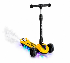 Trotinetă Copii 3 Roți, Galben, Lean to Steer, Pliabilă, Ghidon Reglabil, Roți LED, Efecte de Fum și Sunete