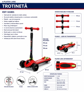 Trotinetă Copii 3 Roți, Roșu, Lean to Steer, Pliabilă, Ghidon Reglabil, Roți LED - Img 3