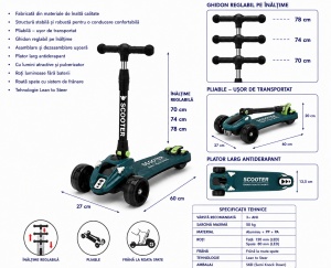 Trotinetă Copii 3 Roți, Verde, Lean to Steer, Pliabilă, Ghidon Reglabil, Roți LED, Efecte de Fum și Sunete - Img 4