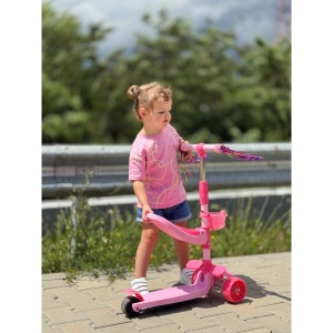 Trotineta Scooter 2 in 1 Reglabila Pentru Copii cu Lumini, Cosulet, Scaunel si colsulet, Roz - Img 2