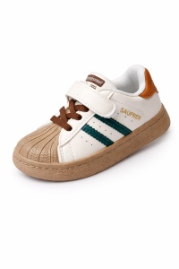 Adidași Copii Tip Superstar, cu Scai și Șireturi, Talpă Antiderapantă, Model Casual Sport, Alb cu Verde si Maro