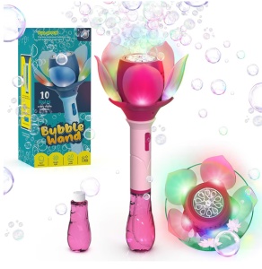 Baghetă Automată pentru Baloane de Săpun Floare Roz cu LED, Funcționare pe Baterii