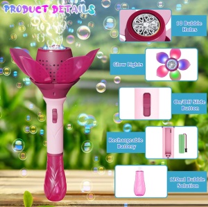 Baghetă Automată pentru Baloane de Săpun Floare Roz cu LED, Funcționare pe Baterii - Img 11