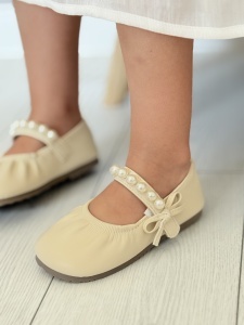 Balerini Fetite, Bareta cu Scai, Perle si Fundita, Brant Spumă Tehnică, Talpa cu Motive, Beige - Img 2