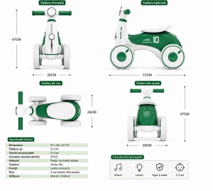 Bicicletă de Echilibru pentru Copii 2-4 Ani cu 4 Roți, Lumini LED și Muzică – Verde - Img 2