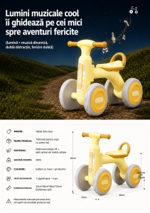 Bicicletă de Echilibru pentru Copii cu Lumini și Muzică, 4 Roți, Galben, 1-4 Ani - Img 5