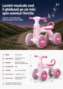 Bicicletă de Echilibru pentru Copii cu Lumini și Muzică, 4 Roți, Roz, 1-4 Ani - Img 5