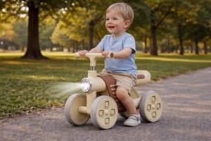 Bicicletă Fără Pedale pentru Copii, 4 Roți, cu Far LED și Design Ergonomic, Ride-On pentru Bebeluși 1-3 Ani, Maro-Crem - Img 3