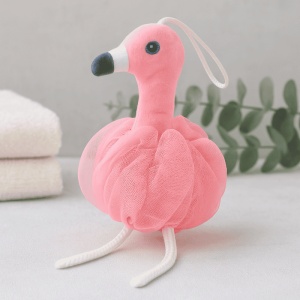 Burete de Baie Exfoliant, din Plasa, Model Flamingo, cu Sistem de Prindere, Crem - Img 2