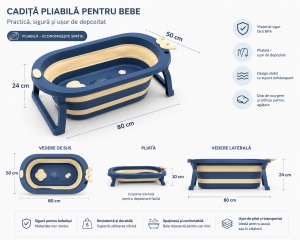 Cadita Pliabila pentru Bebe, Plastic, cu dop de Scurgere si Picioare, Albastru, 80 cm x 50 cm x 24 H - Img 2