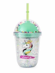 Cana cu Pai Model Unicorn, Multicolor, Plastic, 300 ml