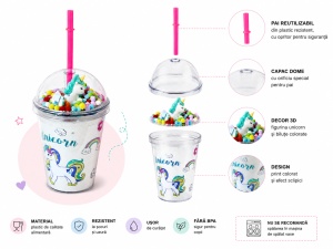 Cana cu Pai, Model Unicorn si Pom-Pom, Multicolor, Plastic, 300 ml - Img 2