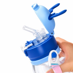 Cana cu Pai pentru Copii, cu Bareta, Plastic, Model Dinozaur, Albastru, 600 ml - Img 4